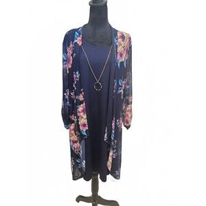 Stella & Julie Navy Blue Floral Print Dress, Sheer Cardigan and Necklace Set 14